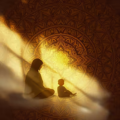An adult sits next to a child in a meditative setting.