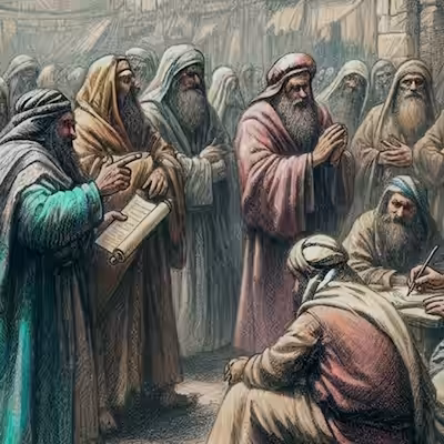 Pharisees gathered in the city square.