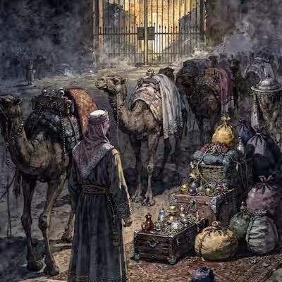 A man is outside a closed city gate with camels and treasures.