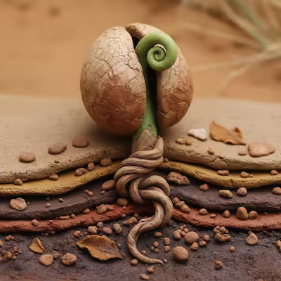 A clay image of a seed sprouting.