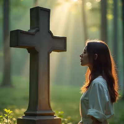 A girl looks sadly at a tombstone.